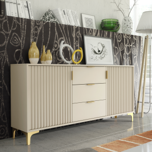 Cashmere Sideboard – 140cm Fluted Design, 2 Doors & 3 Centre Drawers with Gold Legs & Handles