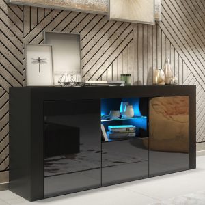 Luxury 145cm Black Matt & Black Gloss TV Unit Sideboard — Designer Storage Cabinet with Glass Display & Modern Statement Finish