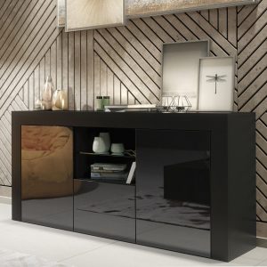 Luxury 145cm Black Matt & Black Gloss TV Unit Sideboard — Designer Storage Cabinet with Glass Display & Modern Statement Finish