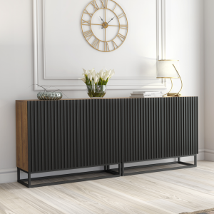 Luxury 200cm Oak & Black Fluted Sideboard — Designer Double Modular Storage Cabinet on Steel Frame