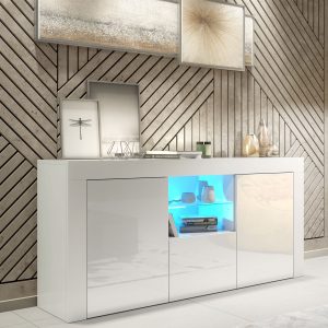 Luxury 145cm White Gloss TV Unit Sideboard — Designer Storage Cabinet with LED Glass Display & Modern Minimalist Finish