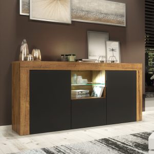 Luxury 145cm Oak & Black Matt TV Unit Sideboard — Designer Storage Cabinet with Glass Display & Contemporary Minimalist Finish