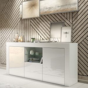 Luxury 145cm White Matt & White Gloss TV Unit Sideboard — Designer Storage Cabinet with Glass Display & Modern Minimalist Finish