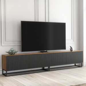 Luxury 200cm Oak & Black Fluted TV Unit — Designer Double Media Cabinet on Steel Frame