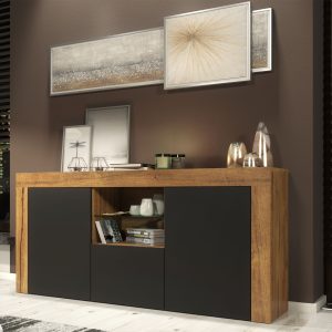 Luxury 145cm Oak Matt & Black Matt TV Unit Sideboard — Designer Storage Cabinet with Glass Display & Modern Minimalist Finish