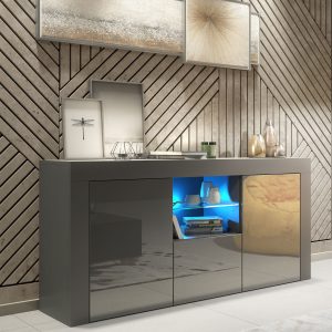 Luxury 145cm Grey Matt & Grey Gloss TV Unit Sideboard — Designer Storage Cabinet with Glass Display & Modern Monochrome Finish