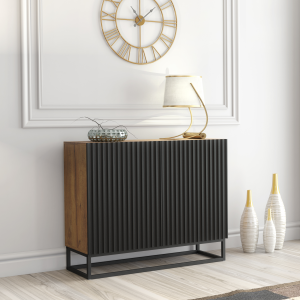 Luxury 100cm Oak & Black Fluted Sideboard — Designer Storage Cabinet on Steel Frame