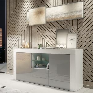 Luxury 145cm White Matt & Grey Gloss TV Unit Sideboard — Designer Storage Cabinet with Glass Display & Modern Two-Tone Finish
