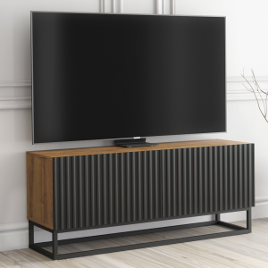 Luxury Oak & Black Fluted TV Unit — Contemporary Media Cabinet on Sleek Steel Base