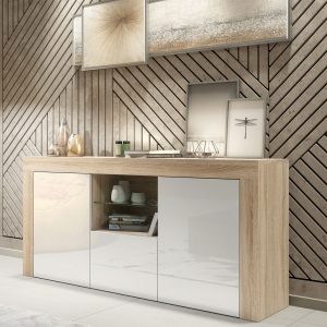 Luxury 145cm Oak Matt & White Gloss TV Unit Sideboard — Designer Storage Cabinet with Glass Display & Modern Two-Tone Finish
