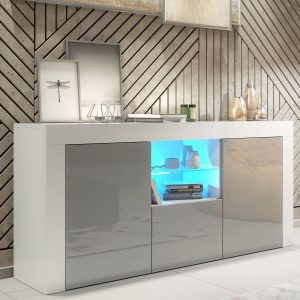 Luxury 145cm White & Grey Gloss TV Unit Sideboard — Designer Storage Cabinet with Glass Display & Modern Two-Tone Finish