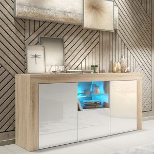 Luxury 145cm Oak & White Gloss TV Unit Sideboard — Designer Storage Cabinet with Glass Display & Modern Two-Tone Finish