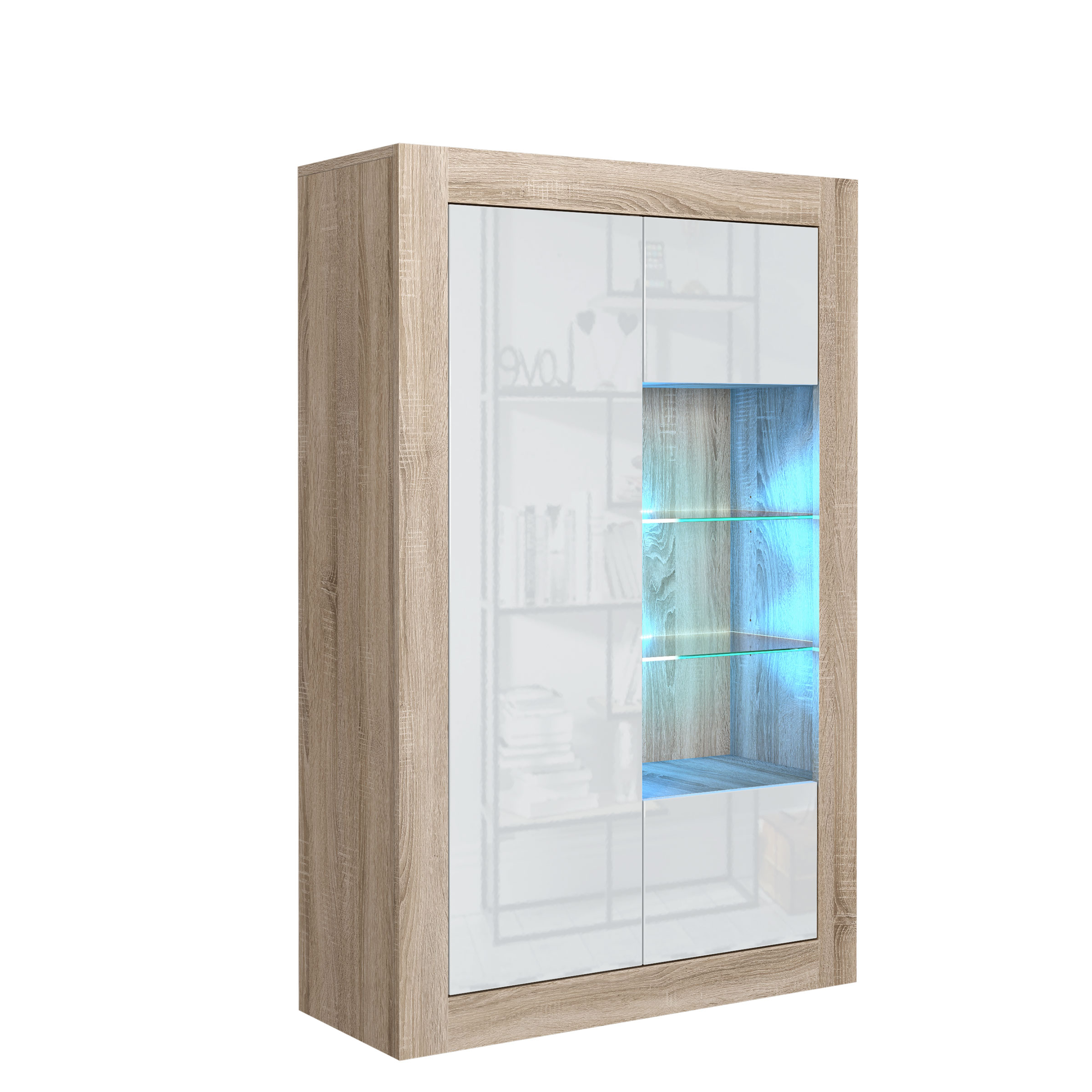 Modern 140cm Oak Matt & White Gloss Display Cabinet — Contemporary Storage Unit with Glass Shelves & Push-to-Open Design - Image 4