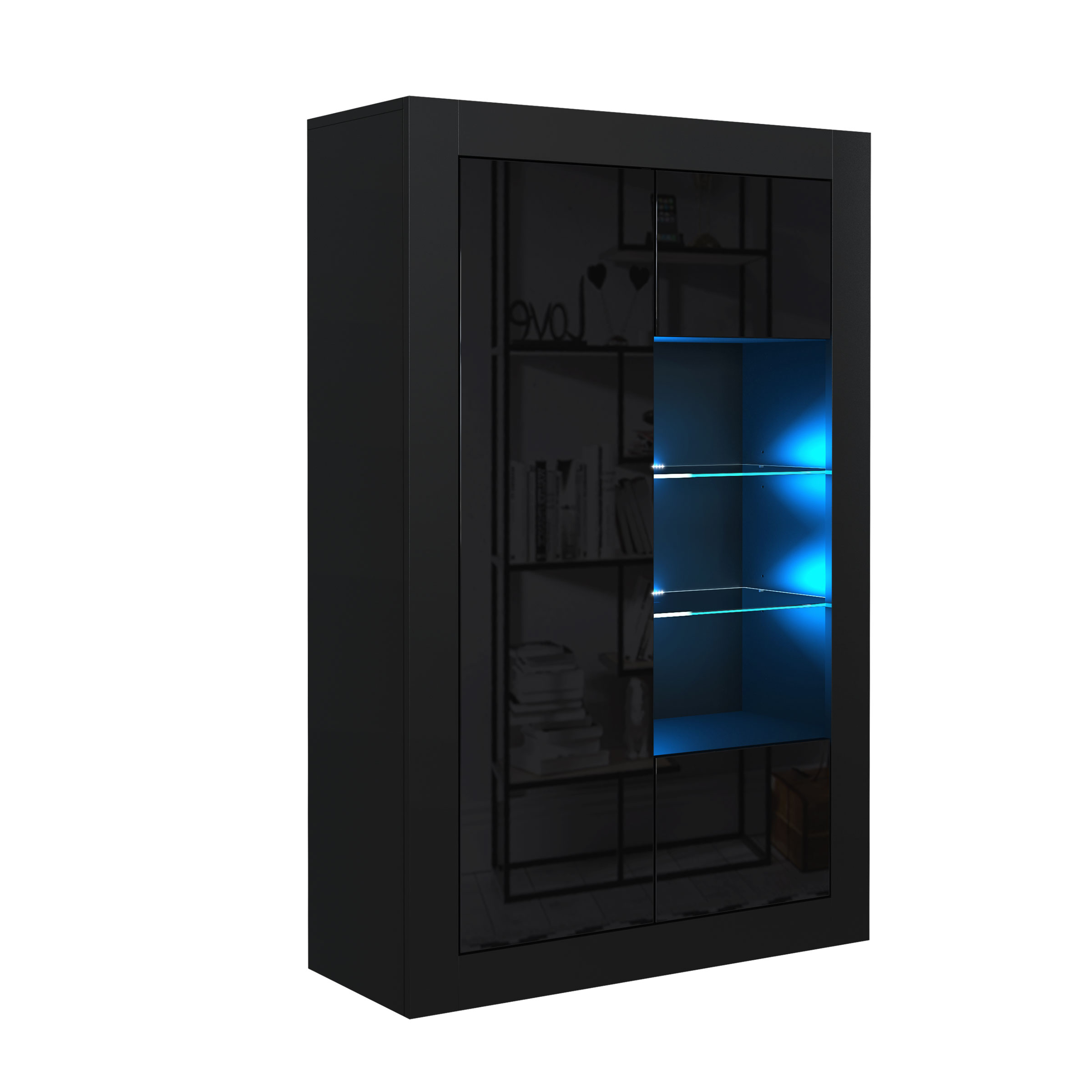 Modern 140cm Black Matt & Black Gloss Display Cabinet — Contemporary Storage Unit with Glass Shelves & Push-to-Open Design - Image 4