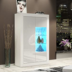 Modern 140cm White Matt & White Gloss Display Cabinet — Contemporary Storage Unit with Glass Shelves & Push-to-Open Design