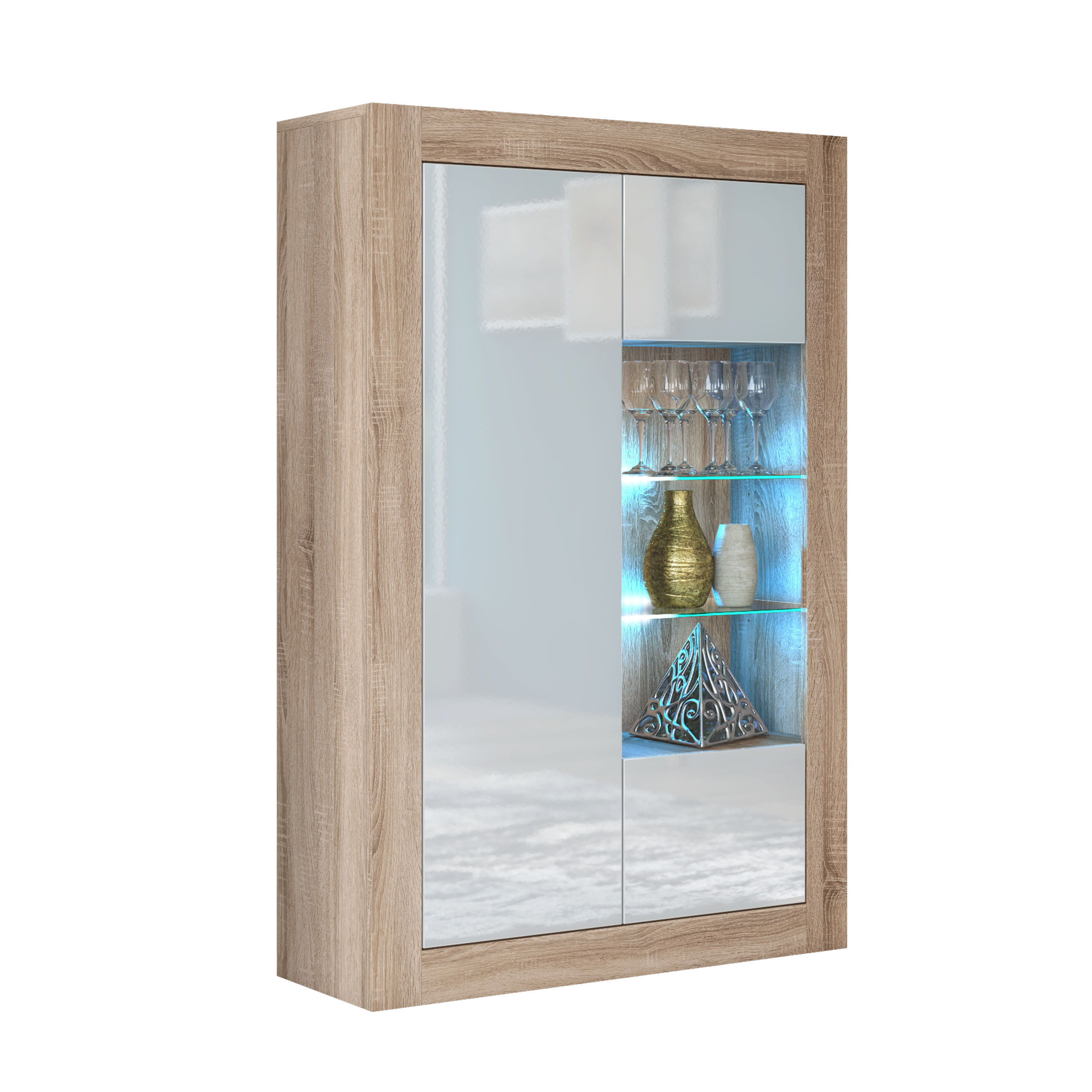 Modern 140cm Oak Matt & White Gloss Display Cabinet — Contemporary Storage Unit with Glass Shelves & Push-to-Open Design - Image 5