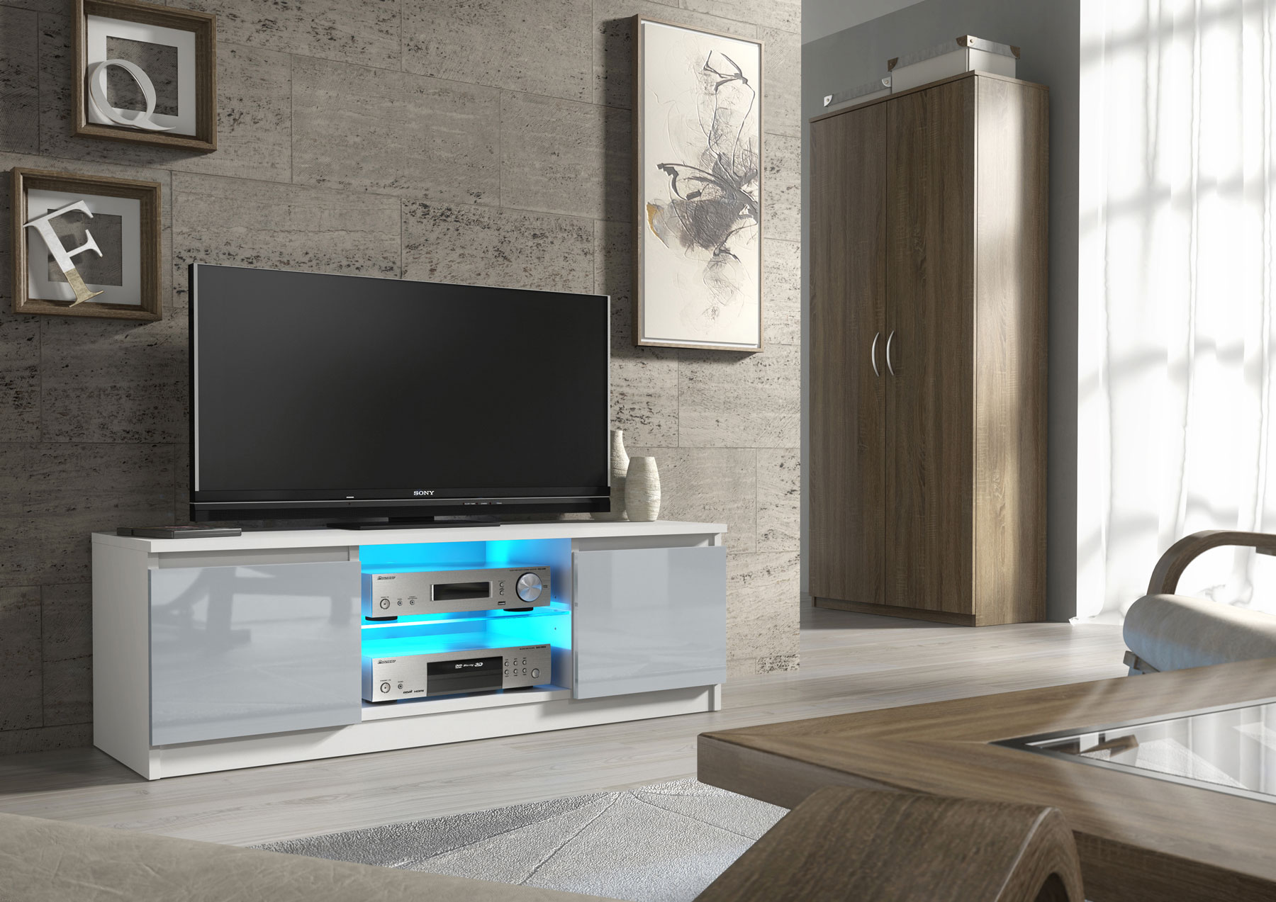 Modern 120cm White Matt & Grey Gloss TV Unit — Compact Media Cabinet with Glass Shelf, Push-to-Open Doors & LED Lighting - Image 2