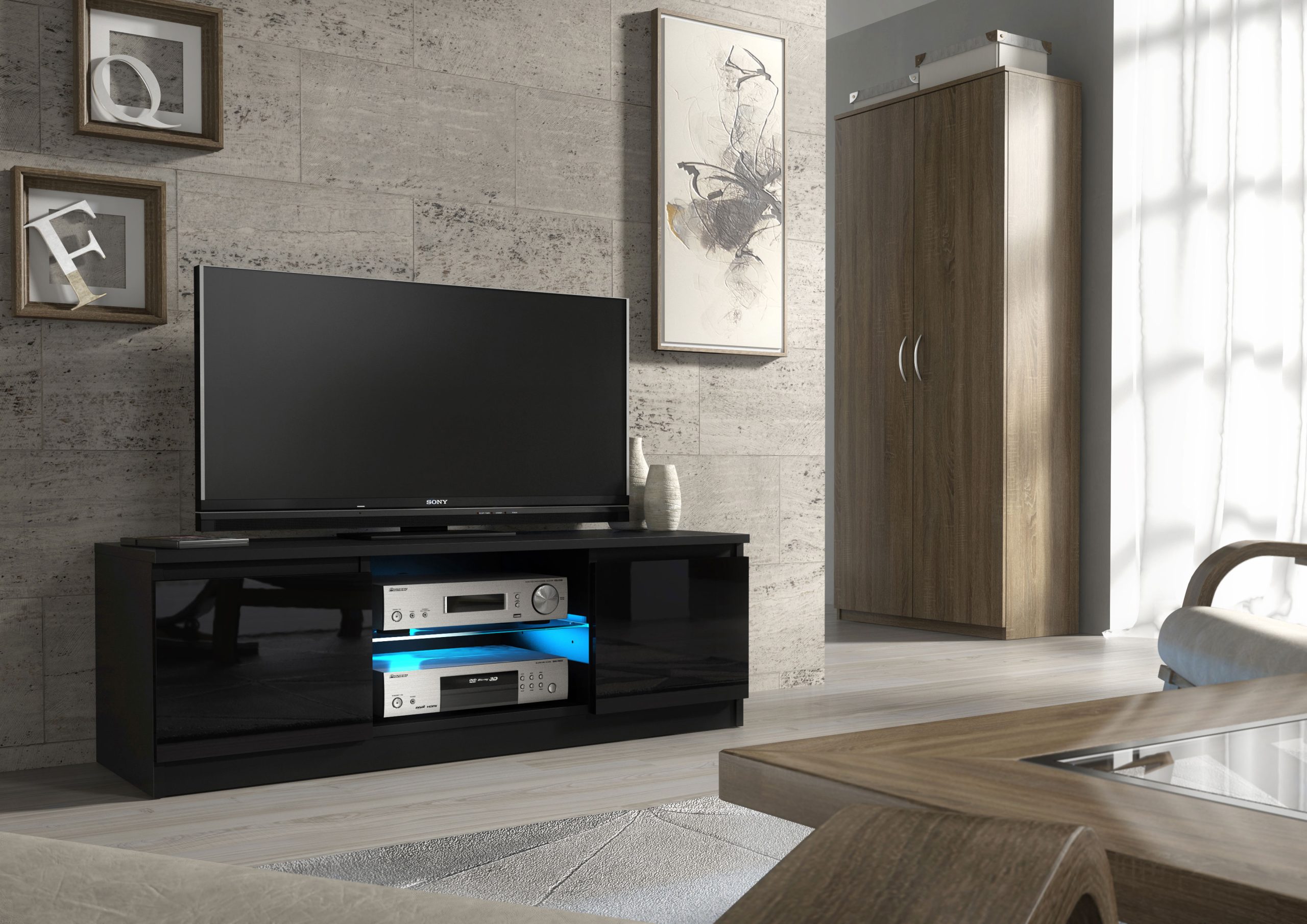 Modern 120cm Black Matt & Black Gloss TV Unit — Compact Media Cabinet with Glass Shelf, Push-to-Open Doors & LED Lighting - Image 2