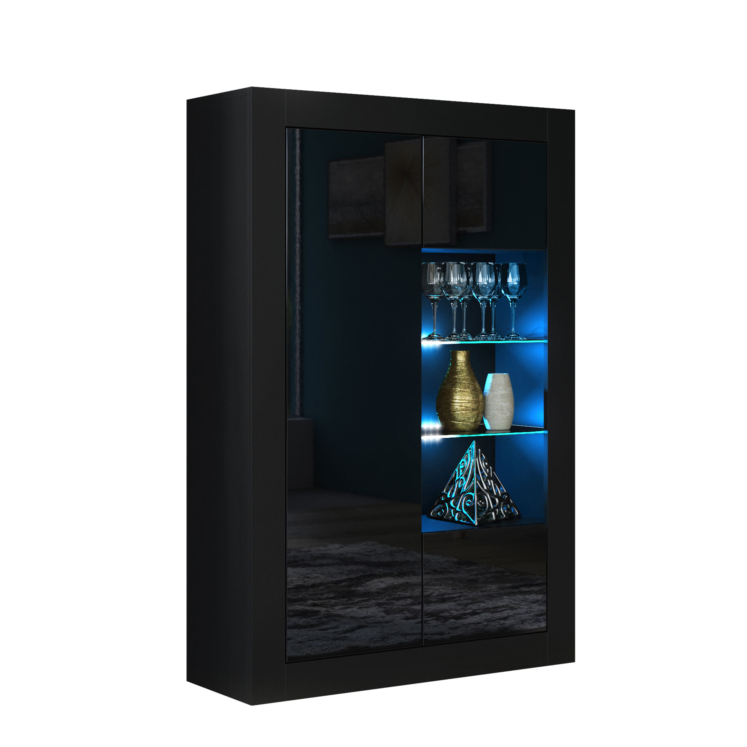 Modern 140cm Black Matt & Black Gloss Display Cabinet — Contemporary Storage Unit with Glass Shelves & Push-to-Open Design - Image 5