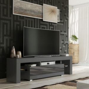 Modern 160cm Grey Matt & Grey Gloss TV Unit — Contemporary Media Cabinet with Glass Side Panels & Push-to-Open Drop-Down Door