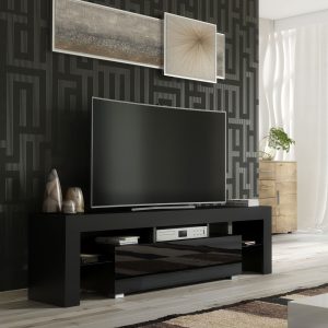 Modern 160cm Black Matt & Black Gloss TV Unit — Contemporary Media Cabinet with Glass Side Panels & Push-to-Open Drop-Down Door