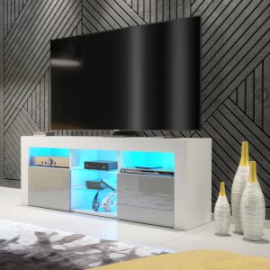 Modern 145cm White Matt & Grey Gloss TV Unit — Contemporary Media Cabinet with Glass Shelves & Push-to-Open Doors