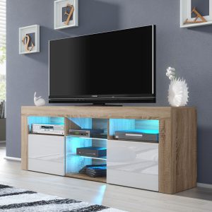 Modern 145cm Oak Matt & White Gloss TV Unit — Contemporary Media Cabinet with Glass Shelves & Push-to-Open Doors