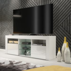 Modern 145cm White Matt & White Gloss TV Unit — Contemporary Media Cabinet with Glass Shelves & Push-to-Open Doors