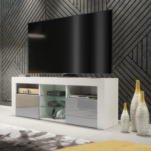 Modern 145cm White Matt & Grey Gloss TV Unit — Contemporary Media Cabinet with Glass Shelves & Push-to-Open Doors