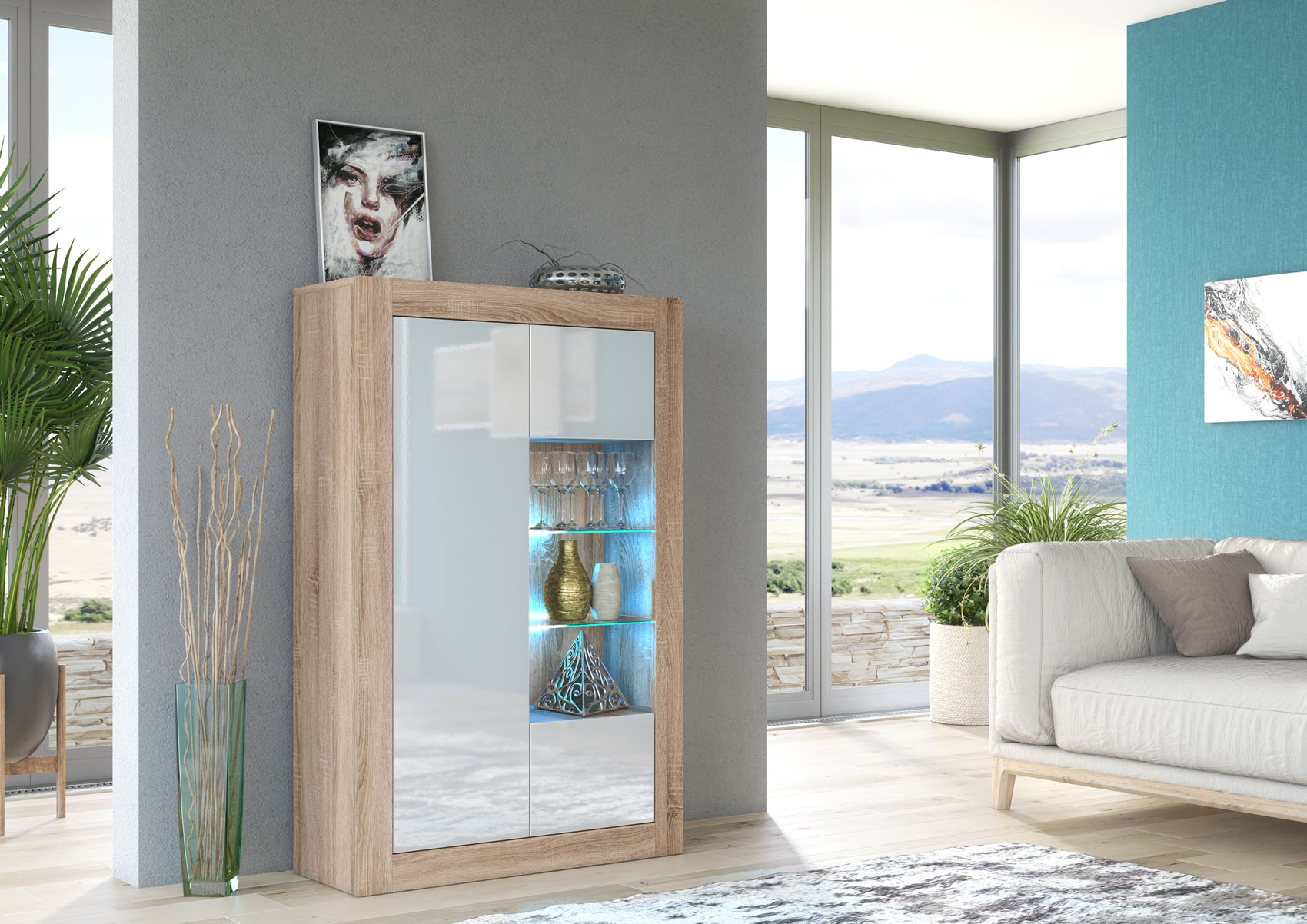Modern 140cm Oak Matt & White Gloss Display Cabinet — Contemporary Storage Unit with Glass Shelves & Push-to-Open Design - Image 2