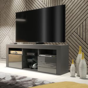 Modern 145cm Grey Matt & Grey Gloss TV Unit — Contemporary Media Cabinet with Glass Shelves & Push-to-Open Doors