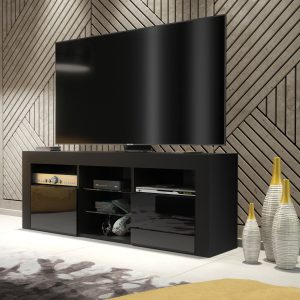 Modern 145cm Black Matt & Black Gloss TV Unit — Contemporary Media Cabinet with Glass Shelves & Push-to-Open Doors