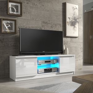 Modern 120cm White Matt & White Gloss TV Unit — Compact Media Cabinet with Glass Shelf, Push-to-Open Doors & LED Lighting