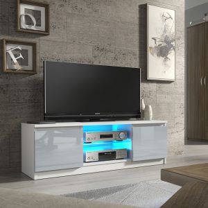 Modern 120cm White Matt & Grey Gloss TV Unit — Compact Media Cabinet with Glass Shelf, Push-to-Open Doors & LED Lighting
