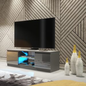 Modern 120cm Grey Matt & Grey Gloss TV Unit — Compact Media Cabinet with Glass Shelf, Push-to-Open Doors & LED Lighting
