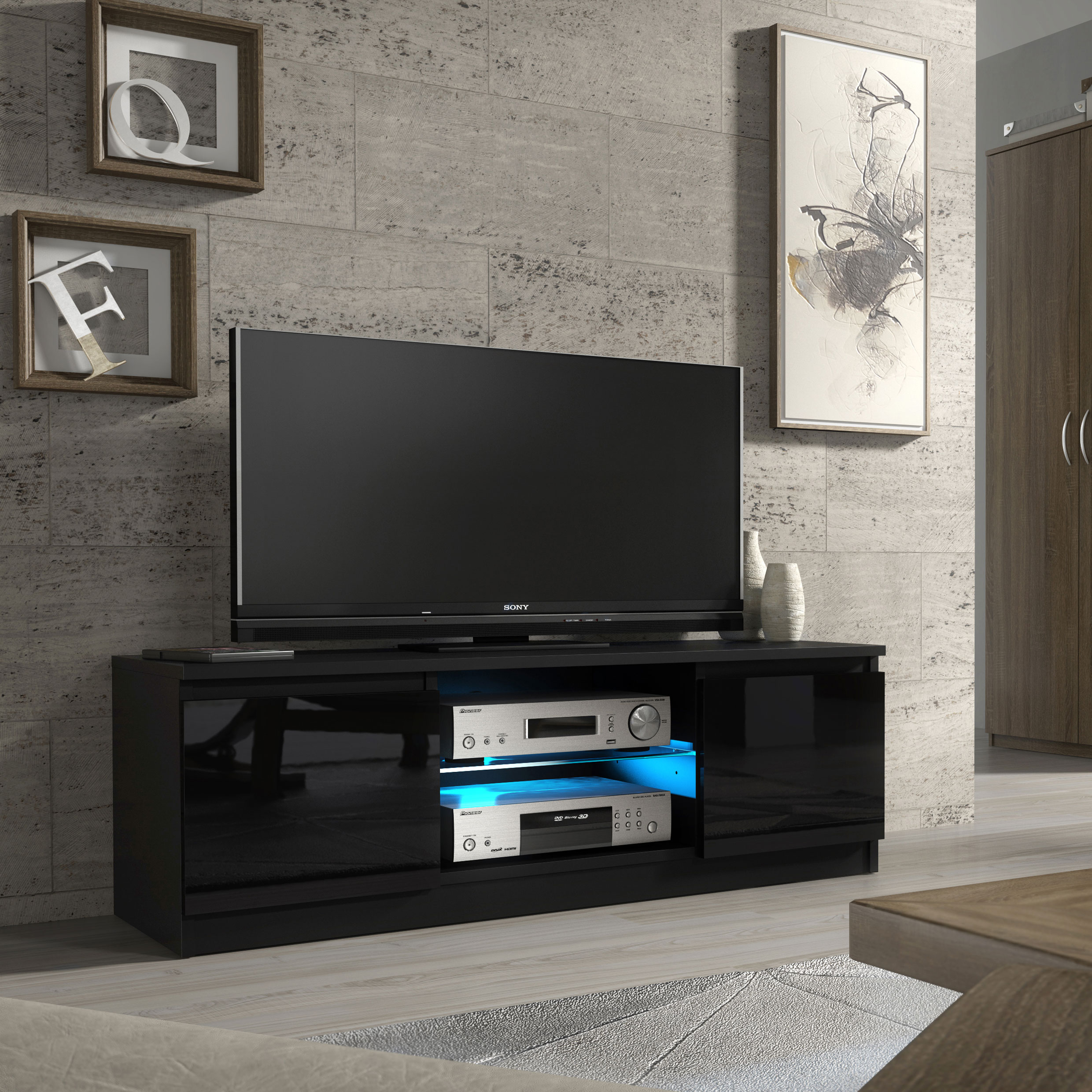 Modern 120cm Black Matt & Black Gloss TV Unit — Compact Media Cabinet with Glass Shelf, Push-to-Open Doors & LED Lighting