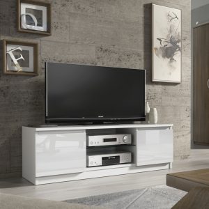 Modern 120cm White Matt & White Gloss TV Unit — Compact Media Cabinet with Glass Shelf & Push-to-Open Doors