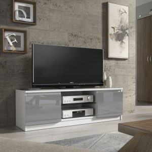 Modern 120cm White Matt & Grey Gloss TV Unit — Compact Media Cabinet with Glass Shelf & Push-to-Open Doors