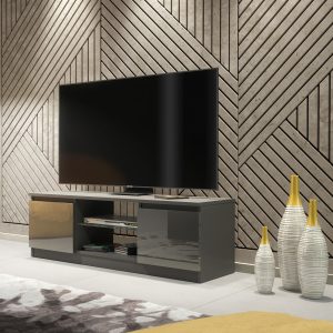 Modern 120cm Grey Matt & Grey Gloss TV Unit — Compact Media Cabinet with Glass Shelf & Push-to-Open Doors