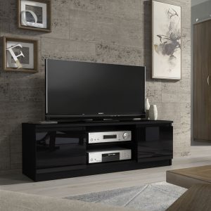 Modern 120cm Black Matt & Black Gloss TV Unit — Compact Media Cabinet with Glass Shelf & Push-to-Open Doors