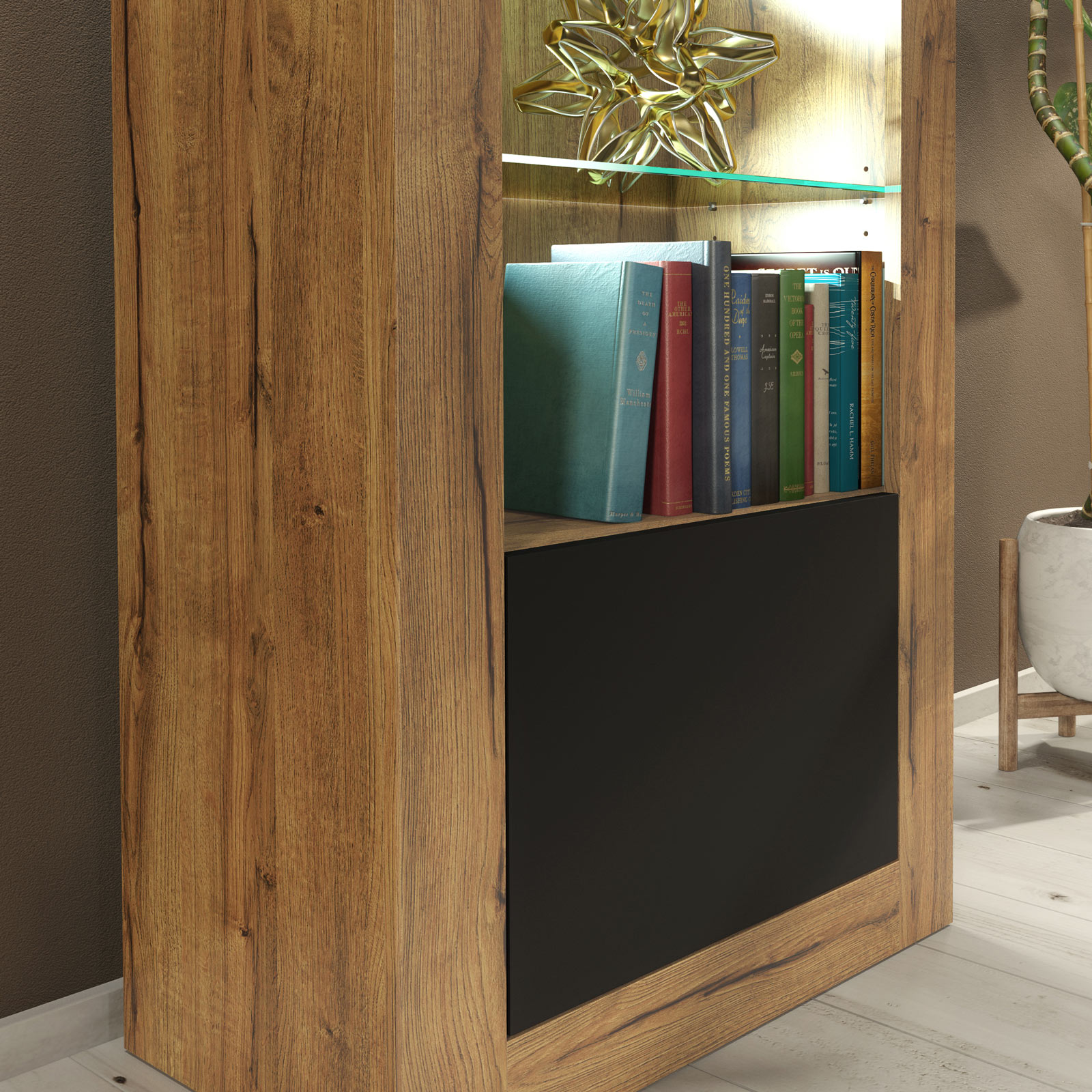 Modern 170cm Oak Matt & Black Matt Display Cabinet — Tall Storage & Glass Display Unit with Push-to-Open Doors - Image 4