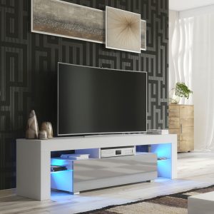 Modern 160cm White Matt & Grey Gloss TV Unit — Contemporary Media Cabinet with Glass Side Shelves & Push-to-Open Drop-Down Door