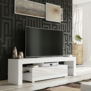 Modern 160cm White Matt & White Gloss TV Unit — Contemporary Media Cabinet with Glass Side Panels & Push-to-Open Drop-Down Door