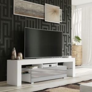 Modern 160cm White Matt & Grey Gloss TV Unit — Contemporary Media Cabinet with Glass Side Panels & Push-to-Open Drop-Down Door