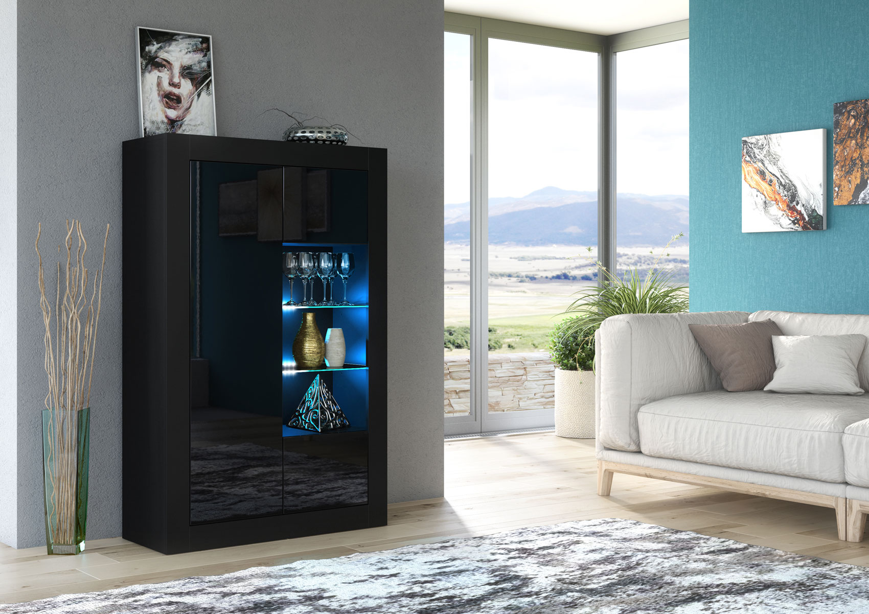 Modern 140cm Black Matt & Black Gloss Display Cabinet — Contemporary Storage Unit with Glass Shelves & Push-to-Open Design - Image 2