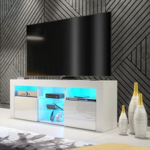 Modern 145cm White Matt & White Gloss TV Unit — Contemporary Media Cabinet with Glass Shelves, Push-to-Open Doors & Integrated Storage