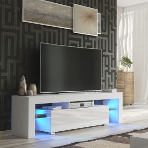 Modern 160cm White Matt & White Gloss TV Unit — Contemporary Media Cabinet with Glass Side Shelves & Push-to-Open Drop-Down Door