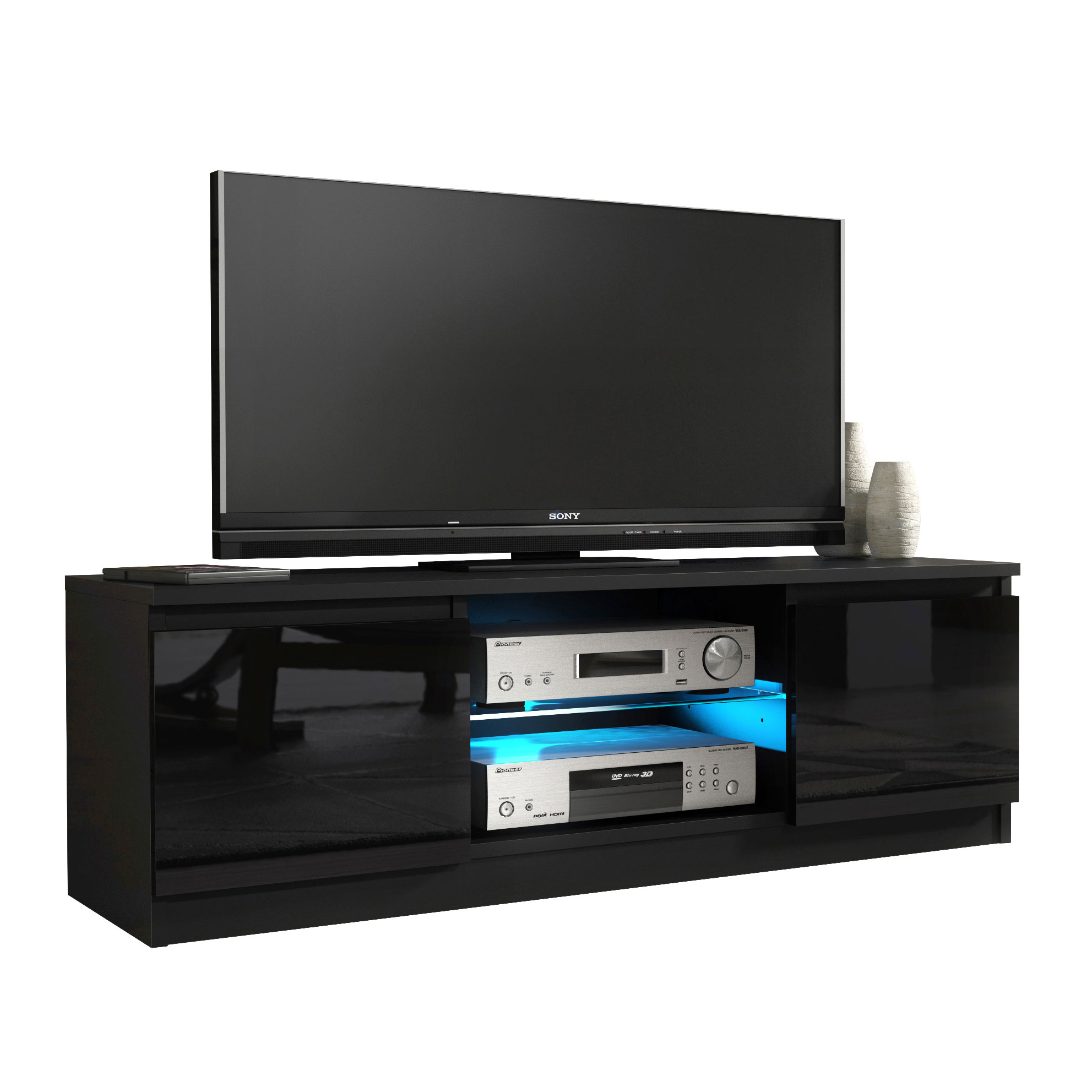 Modern 120cm Black Matt & Black Gloss TV Unit — Compact Media Cabinet with Glass Shelf, Push-to-Open Doors & LED Lighting - Image 3