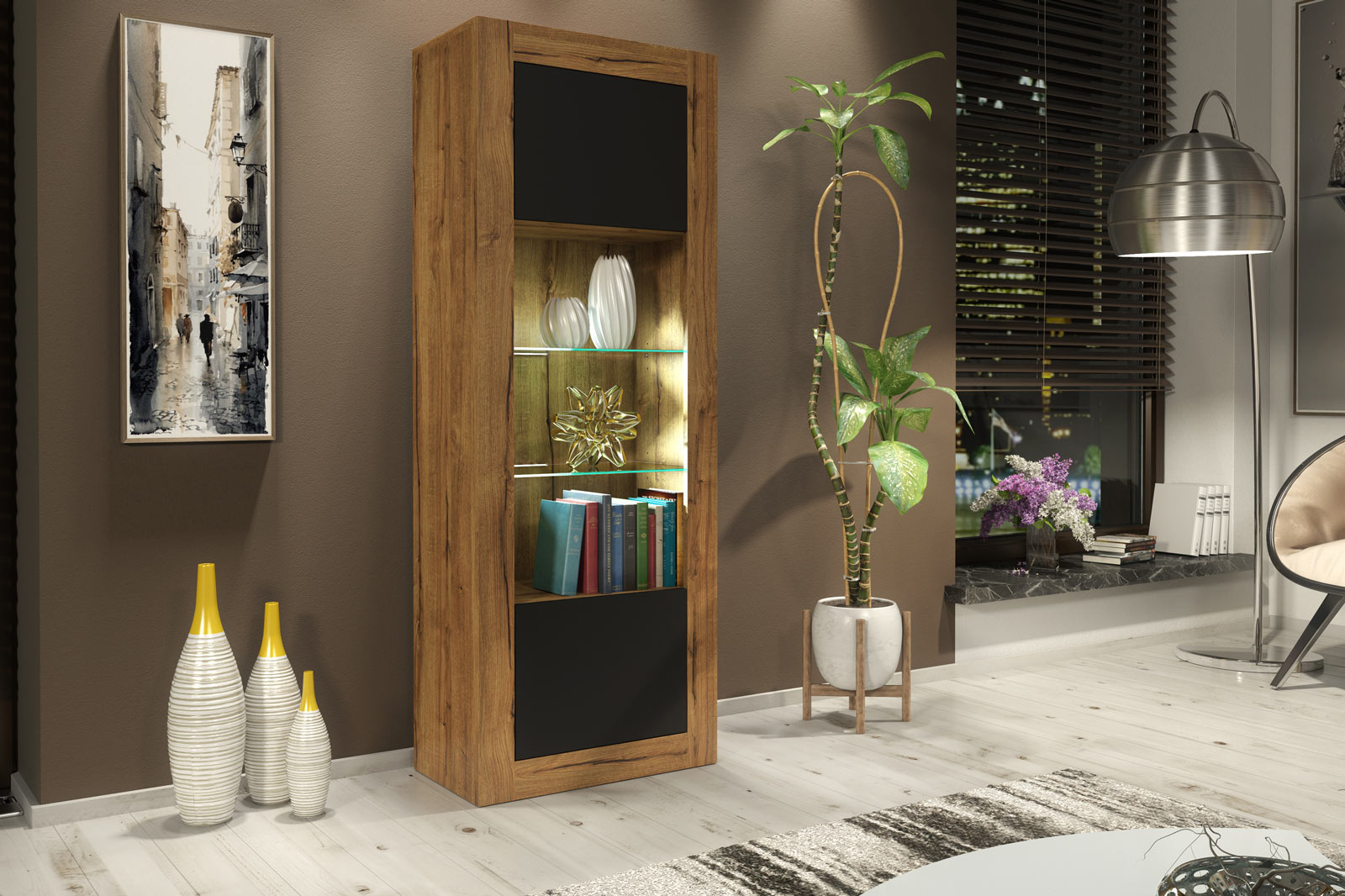 Modern 170cm Oak Matt & Black Matt Display Cabinet — Tall Storage & Glass Display Unit with Push-to-Open Doors - Image 5