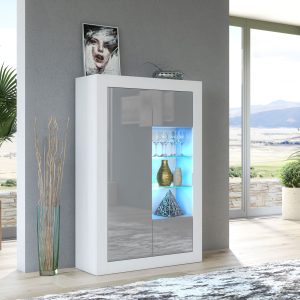 Modern 140cm White Matt & Grey Gloss Display Cabinet — Contemporary Storage Unit with Glass Shelves & Push-to-Open Design